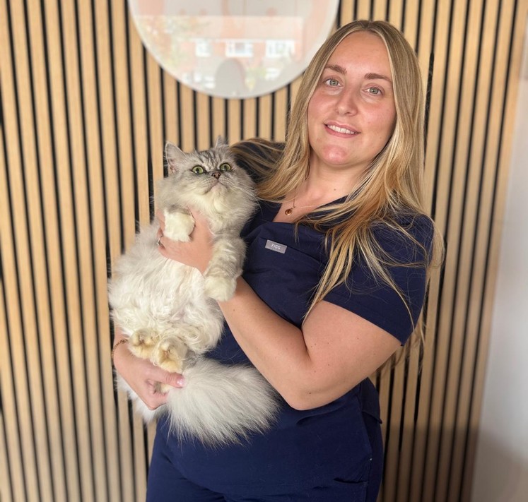 ashley-cropped Ashley, Practice Administrator at Surrey Family Vets, holding a fluffy cat